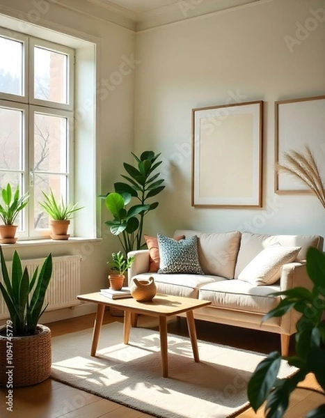 Obraz A cozy and bright living room with a large window, a wooden table, and a framed wall decor. The room has a warm and inviting atmosphere with natural light and potted plants