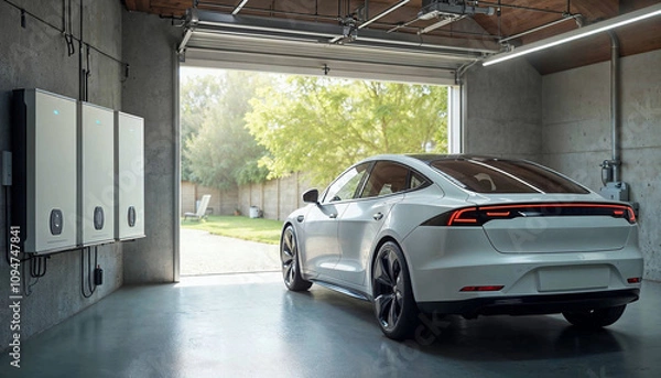 Obraz Concept of a home battery packs alternative electric energy storage system at modern home garage wall as backup or sustainable energy concepts