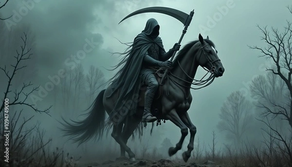 Fototapeta Grim horseman background with rider in tattered cloak wielding scythe in haunting landscape