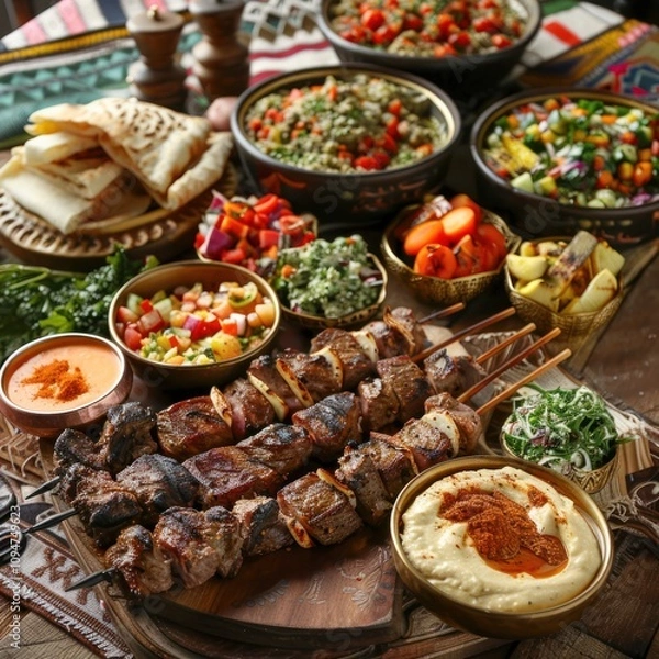 Fototapeta Original kebab complete with typical Turkish bread, vegetables and sauce