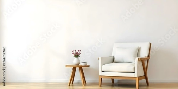 Fototapeta A minimalist living room with a white sofa, a wooden side table with a vase of flowers, and a wooden armchair against a plain white wall