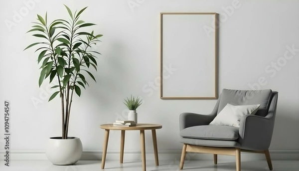 Fototapeta A minimalist living room with a gray sofa, a wooden side table, a potted plant, and a framed artwork on the wall