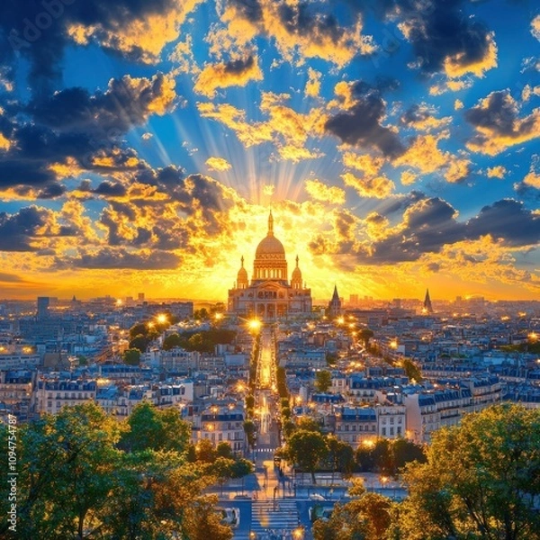 Fototapeta Panoramic View of Paris from Montmartre Hill: Cityscape of Beautiful Paris, France