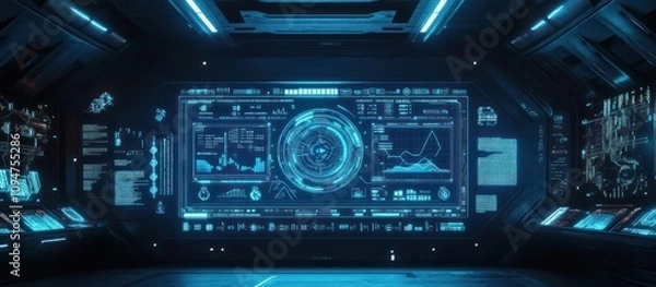 Fototapeta Futuristic Spaceship Bridge Control Room with Advanced Data Displays and Interfaces