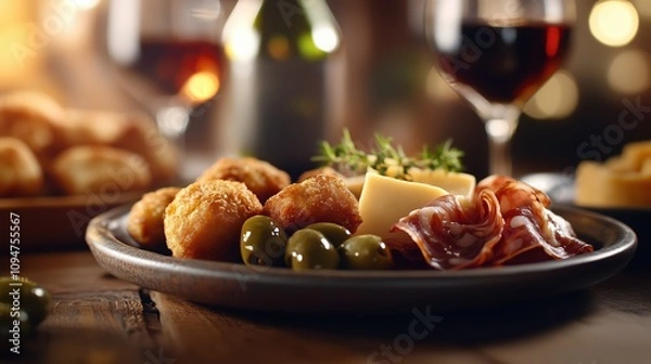 Fototapeta A colorful array of tapas includes olives, cheese, cured meats, and crispy bites, perfect for sharing and enjoying in a warm, inviting atmosphere