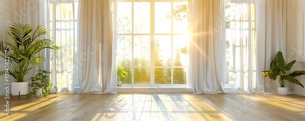 Fototapeta Bright sunrise through the window with white curtains fluttering, clean and simple interior, floor-to-ceiling windows, light wood floors, large white walls, golden sunlight streaming down, plants