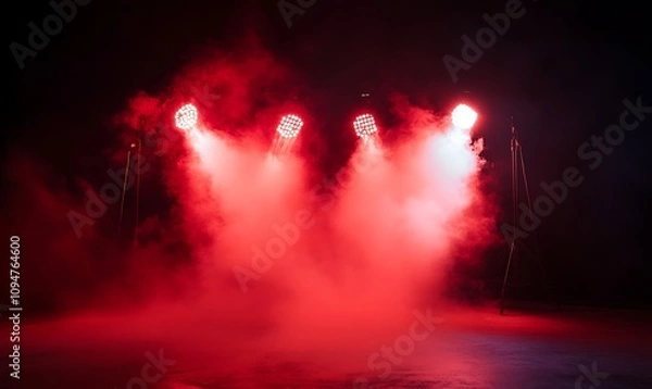 Obraz  Free stage with lights and smoke, Empty stage with red spotlights, conser, show, party, Presentation concept. Red spotlight strike on black background 