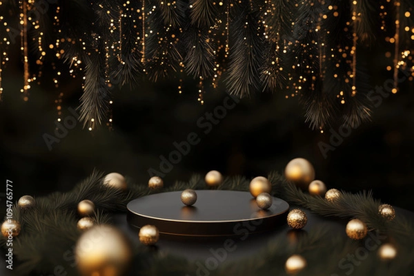 Fototapeta Round podium surrounded by golden spheres and pine branches on the side against dark background with. Christmas luxury scene for showcasing high-end products. Gold and black