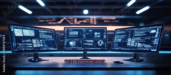 Fototapeta Three monitors displaying data analytics and code in a dark tech office.
