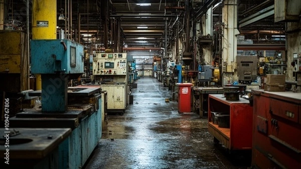 Obraz A long, narrow factory floor with industrial machinery and a wet floor