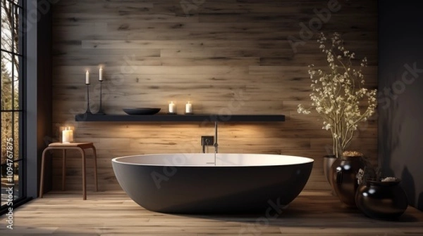 Fototapeta Elegant modern bathroom with an elliptical bathtub and wood-lined walls. Minimalist design emphasizes natural tones and relaxation.