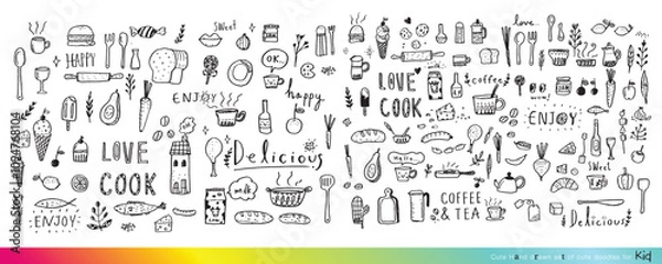 Fototapeta Food doodles,Foods doodles hand drawn sketchy vector symbols and objects