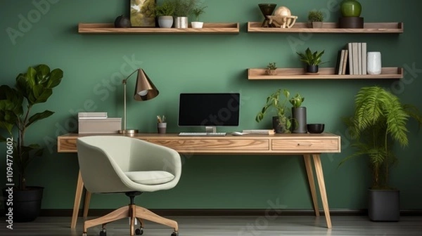 Fototapeta A stylish Scandinavian-inspired home office with a wooden desk, office chair, and vibrant green wall. Perfect blend of comfort and modern design for a productive workspace.