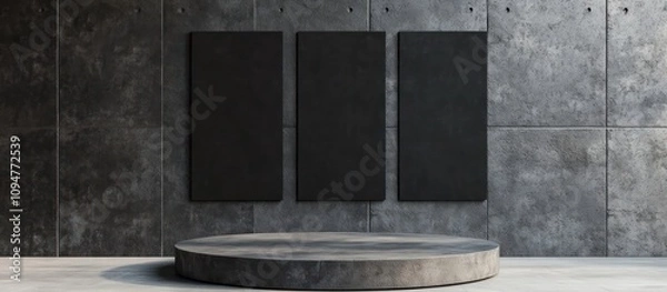 Fototapeta Modern Concrete Gallery Interior with Blank Canvases and Circular Pedestal