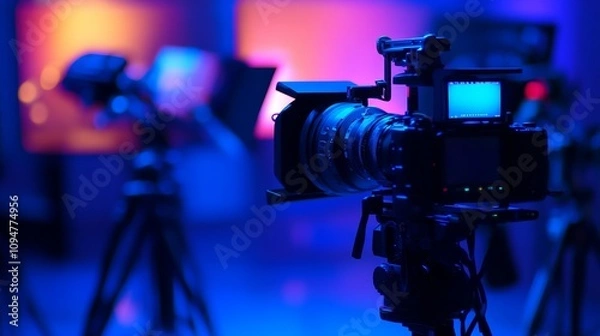 Obraz A professional video camera with a blurry background of a set