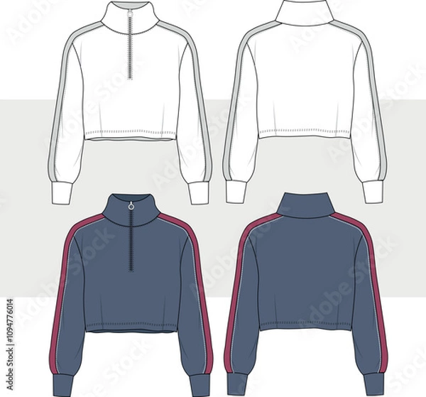 Obraz Long sleeve jacket technical drawing fashion flat sketch vector illustration template front and back views. unisex Sweatshirt clothing mock up.