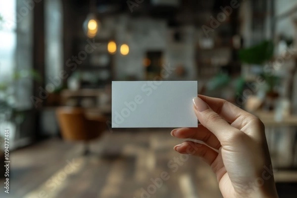 Fototapeta White business card held in hand against an office background. Clean and professional setting. Perfect for business promotions or networking.