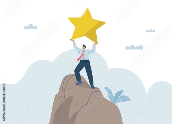 Fototapeta Businessman climbs to the top of the mountain and reaches for the stars, Concept of managing success according to goals, Setting career or organizational goals, Business performance and ambition.