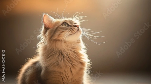 Fototapeta A fluffy cat gazes upward in soft golden sunlight, capturing a moment of curiosity and warmth