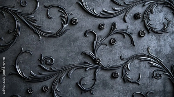 Fototapeta An embossed, luxurious design on a charcoal gray background with swirling vines and floral motifs. Each element is textured with subtle, glossy black highlights, giving it a carved stone effect. 