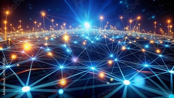 Fototapeta Abstract Digital Network with Glowing Nodes and Connections, Showcasing Futuristic Technology and Data Communication in a Virtual Space for Enhanced Digital Experiences