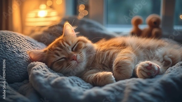 Fototapeta Cozy orange tabby cat peacefully sleeping on a soft blanket in warm evening light