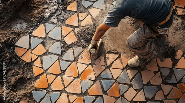 Fototapeta Mason constructing a brick patio with a detailed geometric pattern.