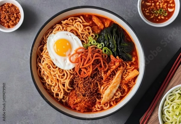 Fototapeta A bowl of spicy Korean instant noodles with kimchi on top