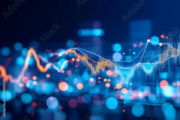 Obraz A blurred background with a blue finance graph and investment bar, showcasing growth and success in the market with technology currency reports chart. Business stock world economy AI computer