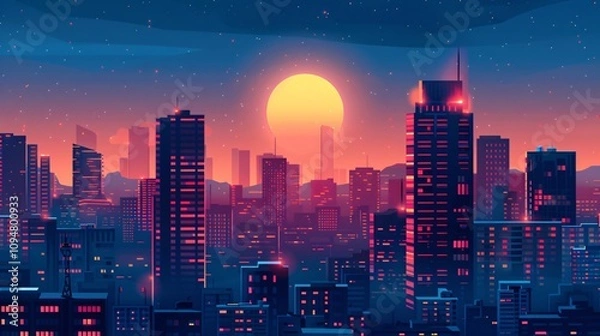 Fototapeta Breathtaking futuristic city skyline at dusk with towering modern skyscrapers vibrant illuminated architecture and a dramatic glowing sunset landscape