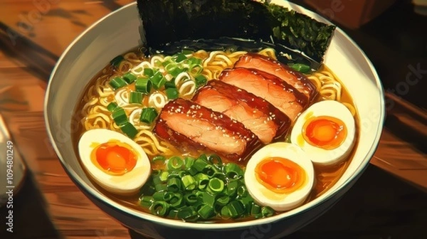 Fototapeta A steaming bowl of ramen is served with tender slices of pork, garnished with soft-boiled eggs, green onions, and sheets of seaweed. The dish is presented on a wooden table, inviting a hearty meal.