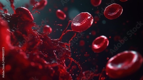 Fototapeta Red blood cells are actively flowing against a dark backdrop, showcasing their crucial role in transporting oxygen throughout the body. This representation emphasizes aspects of human anatomy.