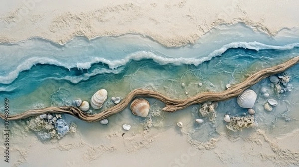 Fototapeta Aerial view of sandbar in serene ocean with seashells  footprints
