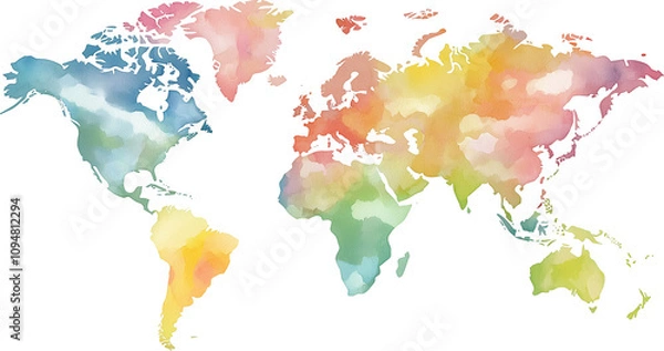 Obraz Colorful watercolor world map on transparent background.