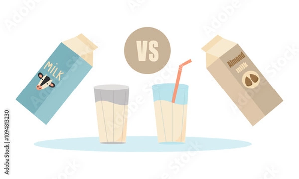 Obraz Vegetable milk vs cow s milk What is more useful soy, rice, oat, coconut, almond, cashew, hazelnut. Natural, vegetable, ecological product. Lactose free. Vector illustration.