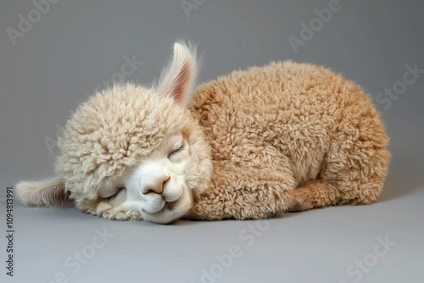 Obraz Sleepy baby alpaca with half closed eyes, resting peacefully on soft surface. This adorable creature exudes sense of calm and tranquility, perfect for animal lovers