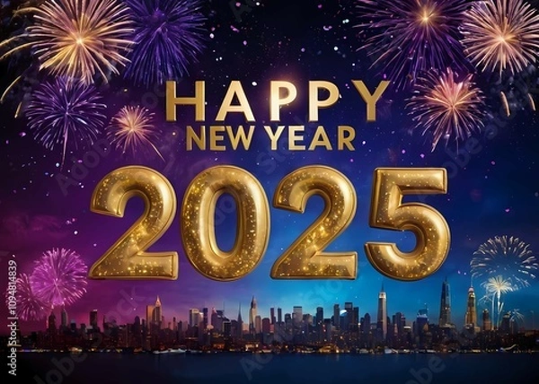 Obraz 
Happy New Year 2025 Celebration with Fireworks and Glitter. Creative Elegent New Year Greeting Card, Banner, Background Design.