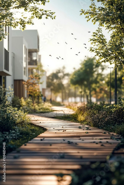 Fototapeta A wooden walkway in the middle of a park with birds flying overhead