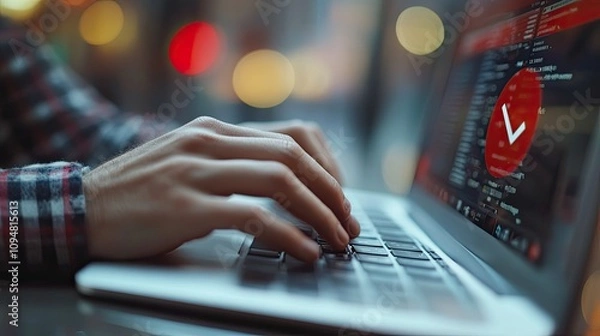 Fototapeta Man's fingers typing on a laptop, banned media, and a sensitive content icon