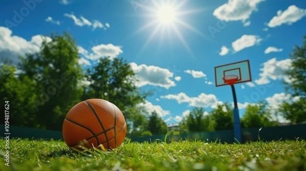 Obraz A captivating image of a basketball sitting on the grass near an outdoor hoop, with the sun shining brightly and a blue sky as the backdrop.