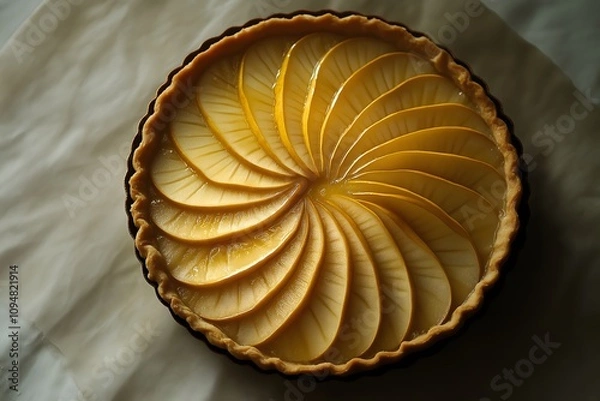 Fototapeta A pear and almond tart with a golden crust, the sliced pears arranged in a beautiful fan pattern with a glaze on top. Food Photography, Menu Style Photo Image