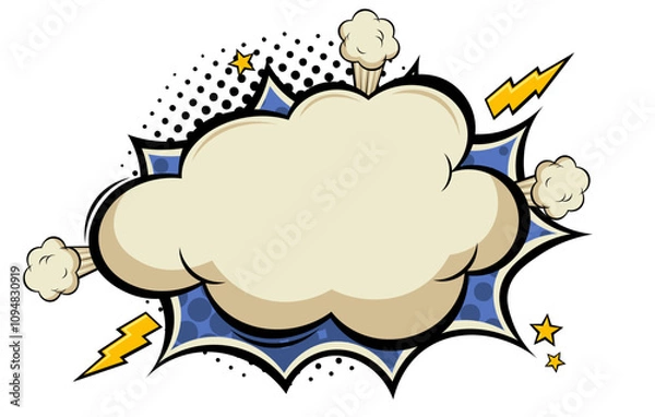 Fototapeta Balnk boom comic book text speech bubble in pop art style with dots. Clear wow balloon for posts and announcements. Empty message cloud background backdrop with flashes and stars. Vector illustration.