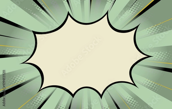 Fototapeta Balnk boom comic book text speech bubble in pop art style with dots. Clear wow balloon for posts and announcements. Empty message cloud background backdrop with flashes and stars. Vector illustration.