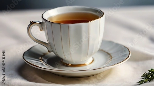 Fototapeta A elegantly styled porcelain teacup filled with tea, resting on a matching saucer, ideal for afternoon tea or moments of relaxation