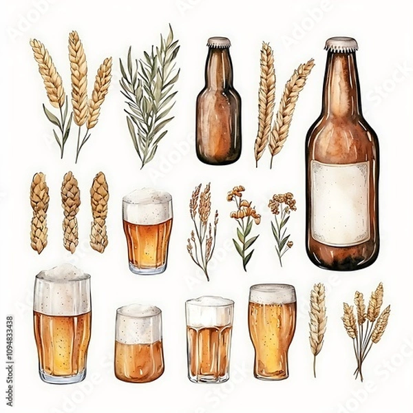 Fototapeta Watercolor illustration of beer bottles, glasses, wheat, and hops, perfect for brewery marketing or craft beer packaging.