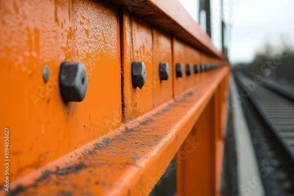 Fototapeta A close-up view of a rusty orange metal bridge, exemplifying industrial design and rustic charm.