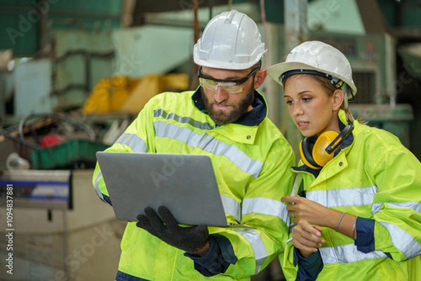 Obraz caucasian industrial Engineer manager man wearing eyeglass and helmet discussion with mechanic worker woman while using digital tablet checking industry manufacturing large factory . inspection