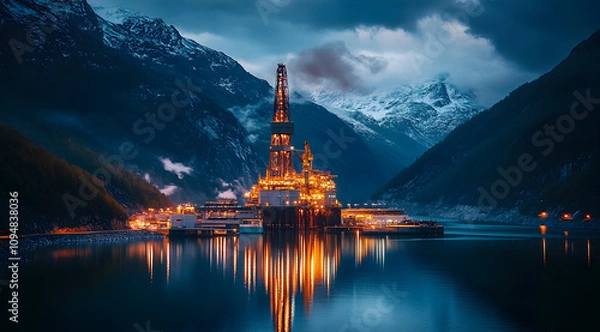Fototapeta An illuminated oil rig stands in calm waters, surrounded by majestic mountains, reflecting the evening sky's hues.