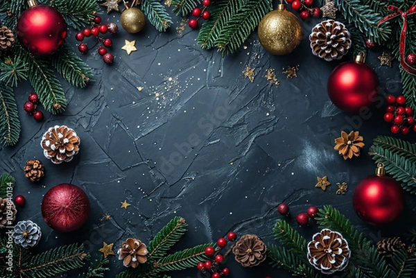 Fototapeta Festive Christmas Frame with Pinecones and Baubles on Dark grey background like stone