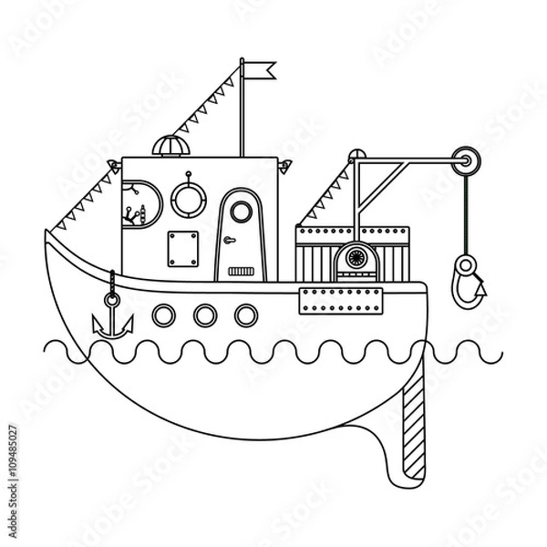 Fototapeta Small cargo ship with a crane, coloring book